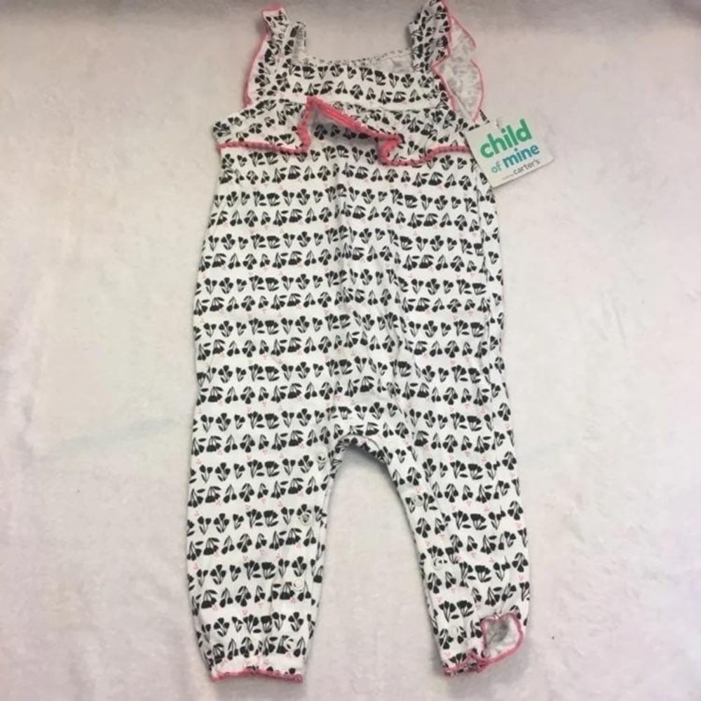 Child of Mine Romper Baby Girls 6M White Black Pink NWT Floral Ruffle Pom Trim